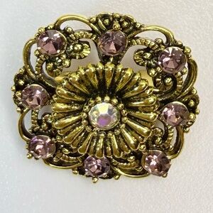 Vintage-Inspired Gold Floral Brooch with Light Purple Crystals NWOT